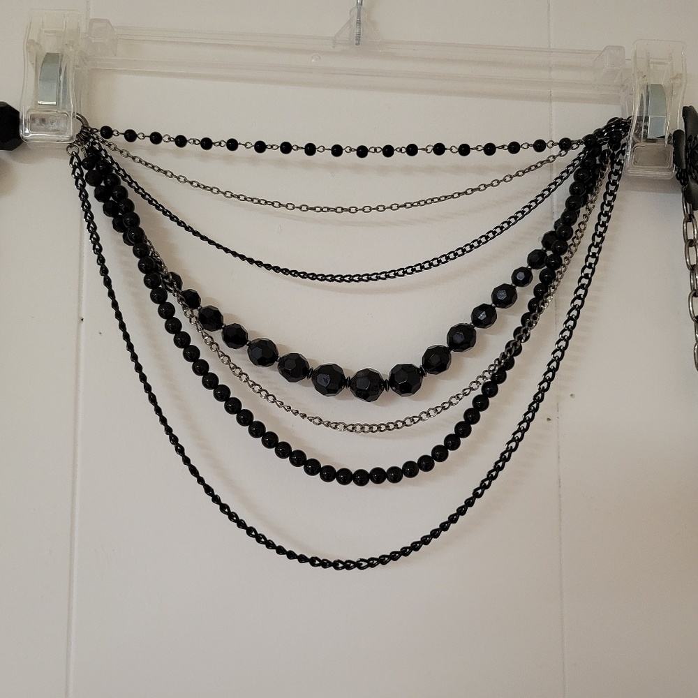 7 Strand Black Metal/Bead Multi Length Necklace